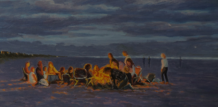 Beach Fire Setting Up, 12 x 24 inches, oil on canvas
