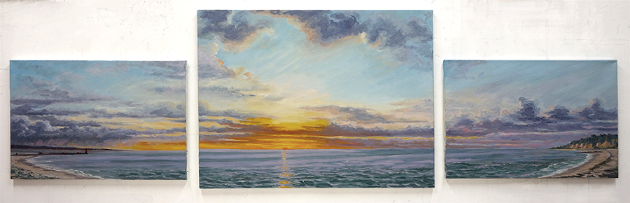 Three Mile to Blue Bay Triptych, 28 x 83 inches, oil on three canvases